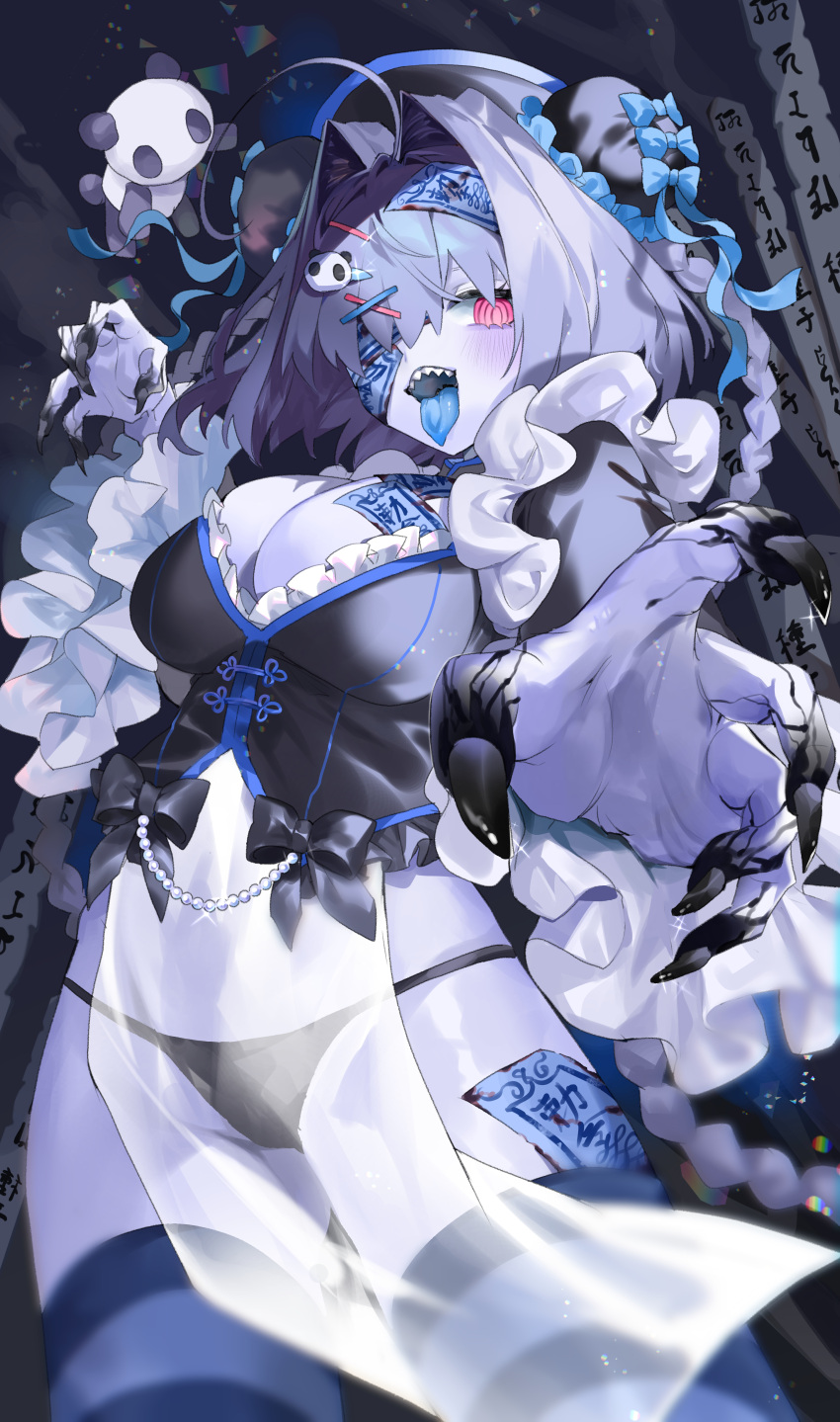 1girl @_@ aano_(10bit) absurdres ahoge black_bra black_nails black_panties blue_skin blue_tongue blush bow bra breasts colored_skin colored_tongue cowboy_shot eyepatch fingernails flower hair_bun hair_ornament hairclip highres jiangshi large_breasts long_hair looking_at_viewer monster_girl ofuda open_mouth original panties plum_blossoms red_eyes see-through see-through_skirt sharp_fingernails sharp_teeth skirt striped striped_thighhighs stuffed_animal stuffed_toy talisman teeth thighhighs tongue tongue_out underwear