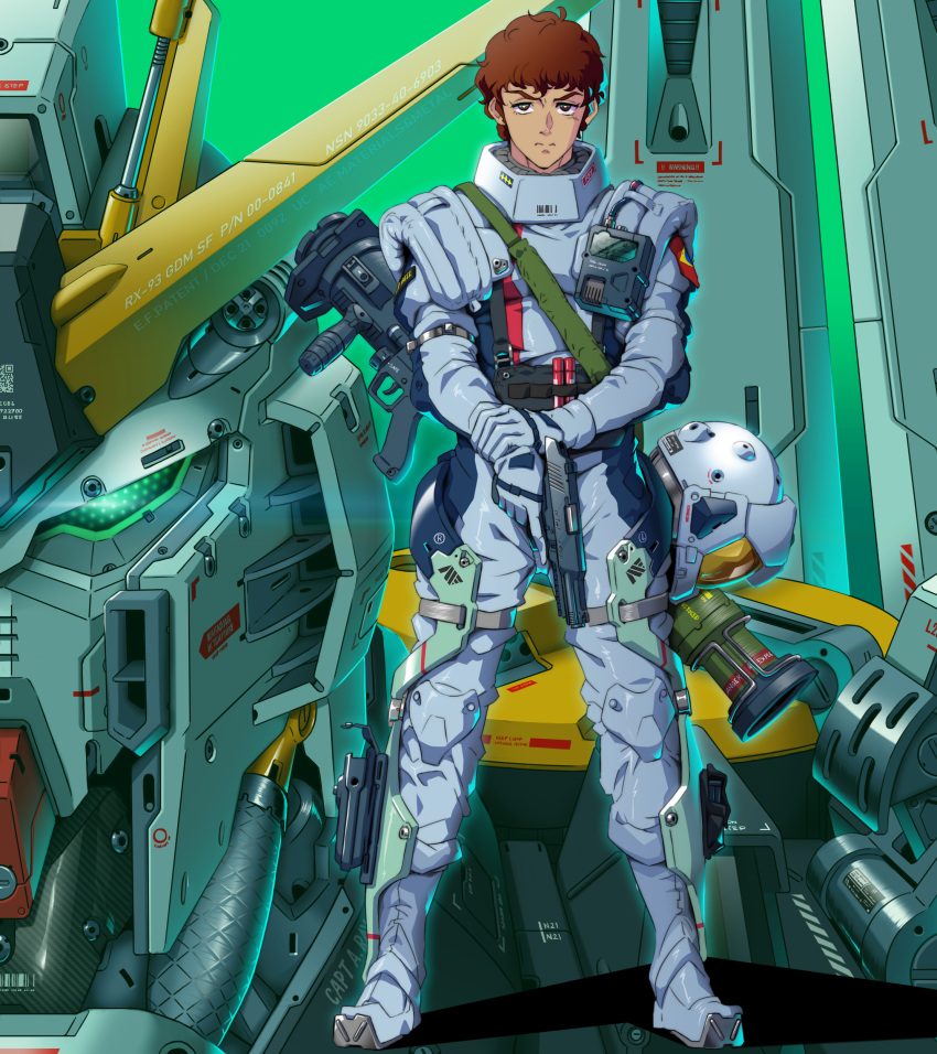 1boy absurdres ammunition_pouch amuro_ray black_eyes blue_footwear boots brown_hair char's_counterattack green_eyes gun gundam handgun headwear_removed helmet helmet_removed highres holding holding_gun holding_weapon jazz_kawa_sodom looking_at_viewer mecha mobile_suit nu_gundam pouch robot rocket_launcher short_hair solo_focus straight-on v-fin v-shaped_eyebrows weapon weapon_on_back