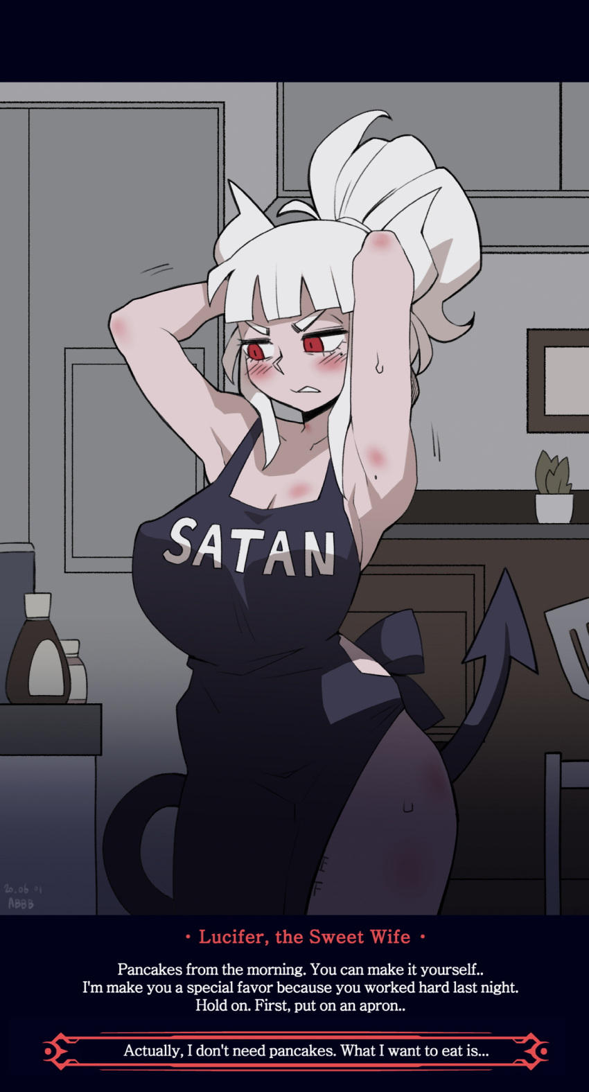 2020 abbb apron artist_name blush bottomwear breasts clothed clothing dated demon demon_humanoid english_text female hair hands_behind_head helltaker hi_res horn horned_humanoid humanoid looking_away lucifer_(helltaker) red_eyes red_text solo spade_tail spatula tally_marks text tools white_hair white_text