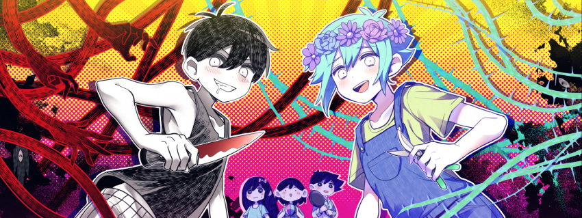 1girl 4boys aubrey_(omori) ball basil_(omori) black_hair bow collarbone colored_skin drooling evil_grin evil_smile female_child flower frying_pan green_hair grin hair_bow head_wreath hero_(omori) holding holding_ball holding_frying_pan holding_knife kel_(omori) knife long_hair long_sleeves looking_at_another looking_at_viewer male_child multiple_boys omori omori_(omori) open_mouth overalls parted_lips pink_bow pruning_shears purple_hair saliva shears shirt short_hair short_sleeves smile something_(omori) spoilers tank_top teeth tongue upper_teeth_only white_eyes white_skin yellow_shirt yutsu