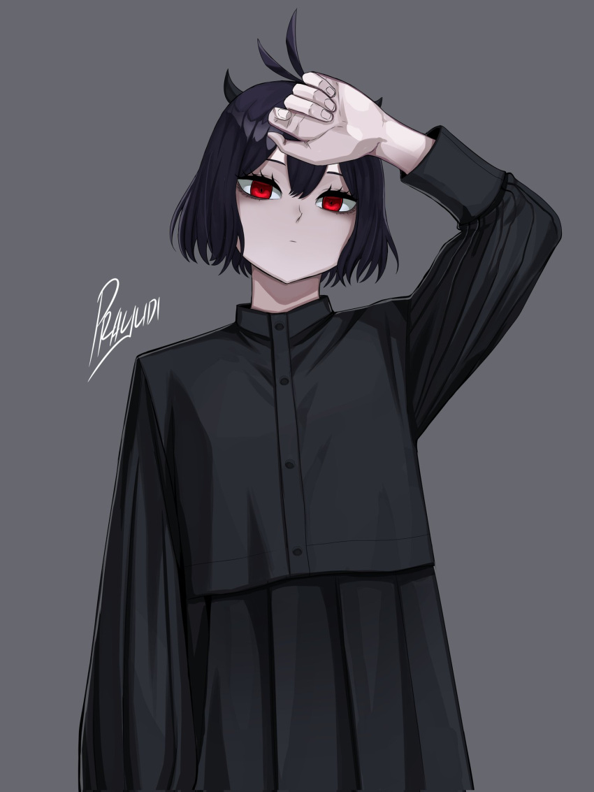 1girl antenna_hair bangs black_clover black_hair black_horns black_shirt blouse closed_mouth commentary demon_horns english_commentary grey_background hair_between_eyes hand_on_forehead highres horns long_bangs long_sleeves looking_at_viewer prayudi555 red_eyes secre_swallowtail shirt signature solo upper_body