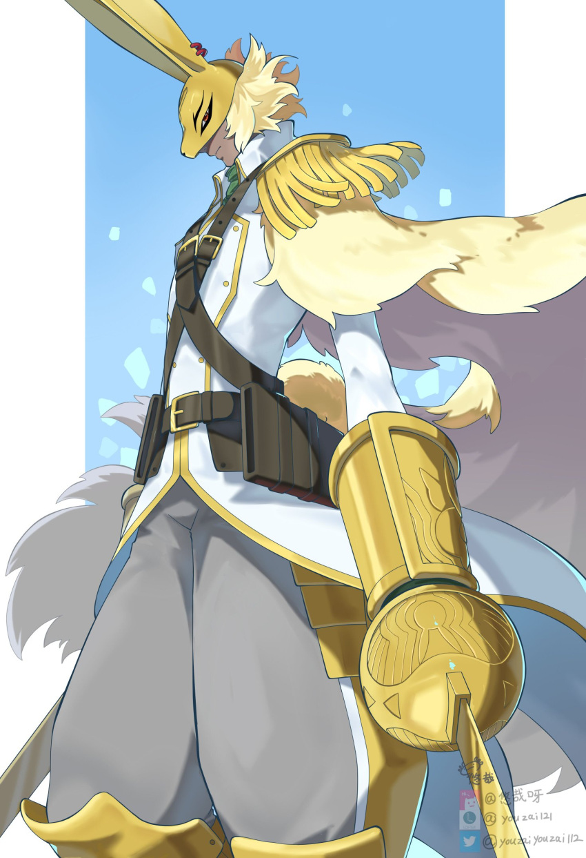 animal_humanoid armor bandai_namco blonde_hair cape clothing diarbbitmon digimon digimon_ghost_game ear_piercing ear_ring fur hair headgear helmet hi_res humanoid knight lagomorph lagomorph_humanoid leporid_humanoid male mammal mammal_humanoid melee_weapon piercing rabbit_humanoid rapier ring_piercing scut_tail short_tail solo sword tail tailed_humanoid warrior weapon yellow_body yellow_fur youzaiyouzai112