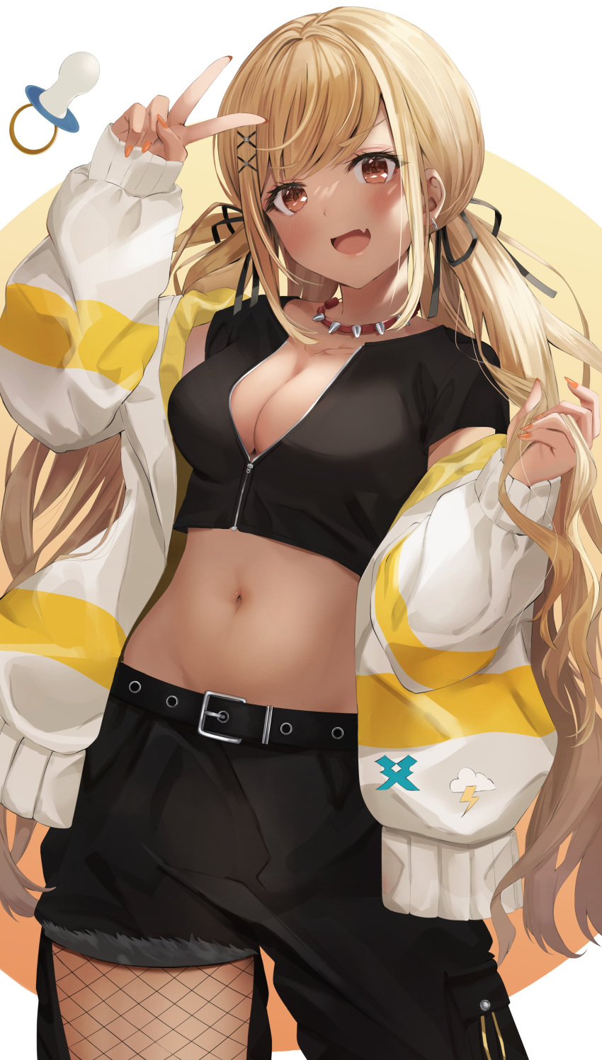1girl absurdres bangs blonde_hair breasts cleavage collar dark-skinned_female dark_skin fang fishnets hair_ornament hair_ribbon highres jacket kaminari_qpi large_breasts long_hair low_twintails midriff navel off_shoulder open_clothes open_jacket open_mouth pacifier pants partially_unzipped ribbon short_sleeves skin_fang solo spiked_collar spikes swept_bangs toratora_(nanahaba) twintails v very_long_hair virtual_youtuber vspo! x_hair_ornament