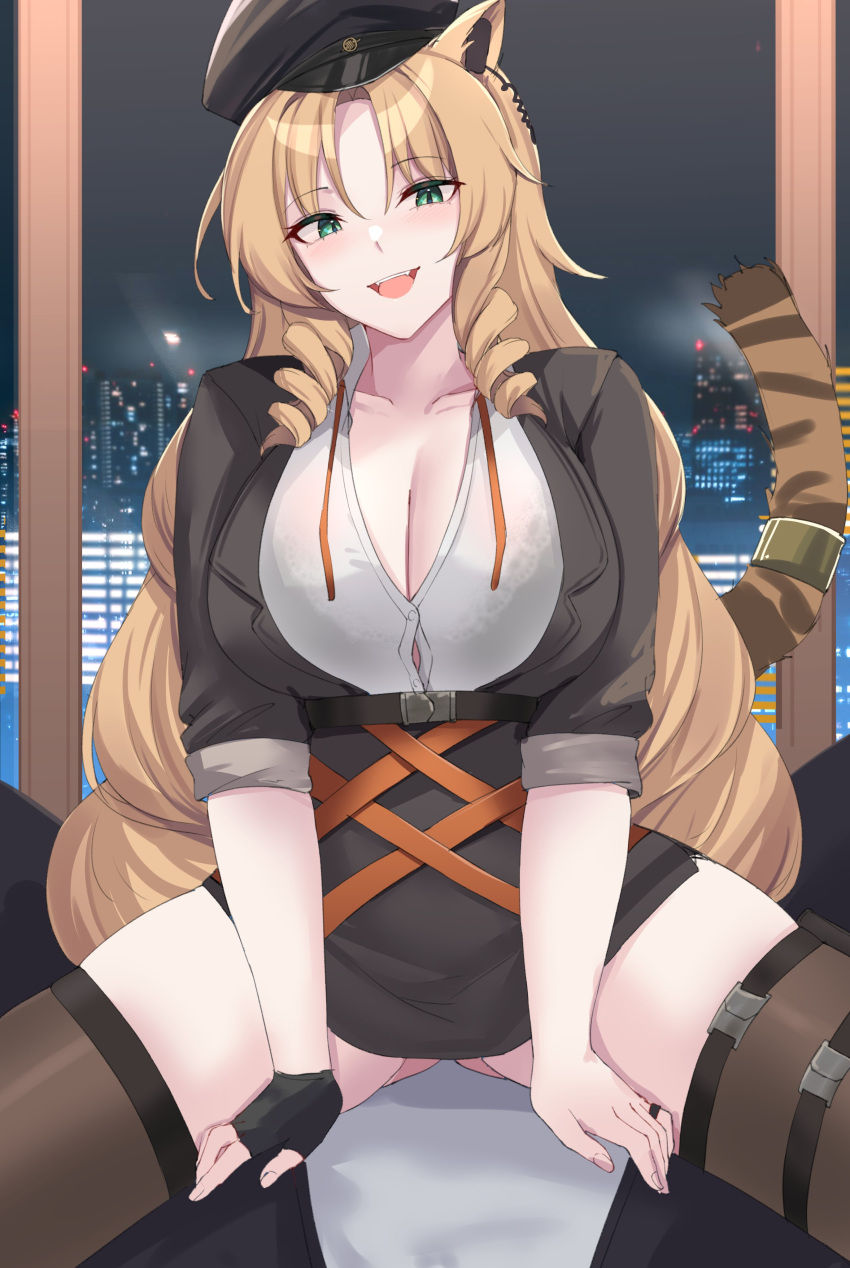 1girl :d absurdres animal_ears arknights ass_visible_through_thighs black_dress black_headwear black_thighhighs blonde_hair breasts cabbie_hat city cleavage collarbone commentary_request dress fangs green_eyes hat highres indoors kanta_(kanta_077) large_breasts long_hair looking_at_viewer night night_sky open_mouth shirt short_dress sitting sky smile solo swire_(arknights) tail thick_thighs thighhighs thighs tiger_ears tiger_tail very_long_hair white_shirt