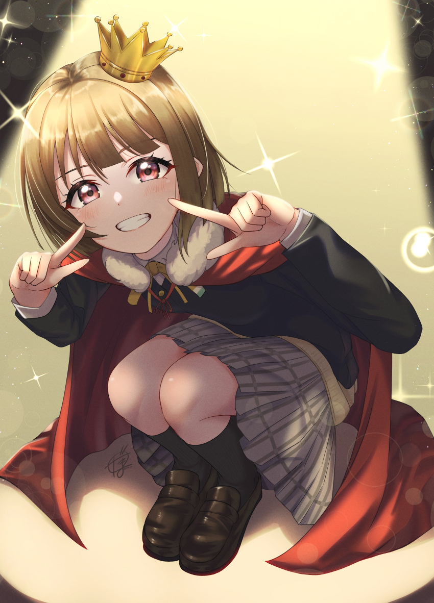 1girl absurdres bangs birthday blush bright09 cape commentary_request cross grin highres light_brown_hair looking_at_viewer love_live! love_live!_nijigasaki_high_school_idol_club nakasu_kasumi nijigasaki_academy_school_uniform pointing pointing_at_self red_eyes school_uniform short_hair signature smile solo sparkle spotlight