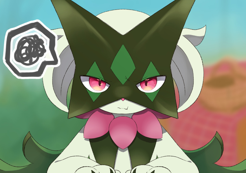 2023 ambiguous_gender anthro blurred_background c62r8myfyiuhf5d claws digital_media_(artwork) felid feline fingers fur generation_9_pokemon hair hi_res kemono looking_at_viewer mammal meowscarada nintendo paws pink_eyes pink_nose pokemon pokemon_(species) pouting solo