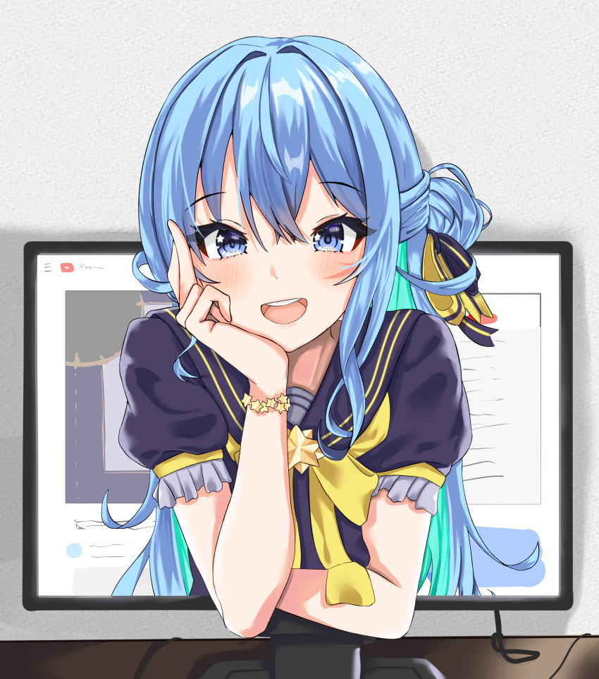 1girl :d absurdres beguzemu0728 blue_eyes blue_hair blush brooch desk elbow_rest frills hair_bun hair_ribbon highres hololive hoshimachi_suisei jewelry long_hair looking_at_viewer monitor multicolored_hair open_mouth ribbon sailor_collar screen short_sleeves smile solo star_(symbol) star_bracelet star_brooch star_in_eye straight-on streaked_hair symbol_in_eye through_screen upper_body virtual_youtuber