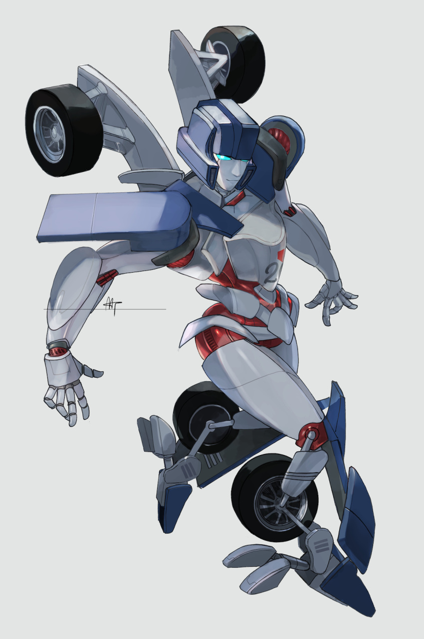 autobot blue_eyes from_above from_side full_body grey_background highres looking_at_viewer mecha mirage_(transformers) mmt0180 no_humans redesign robot signature smile solo transformers