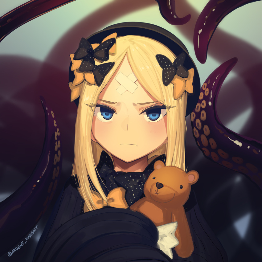 1girl abigail_williams_(fate) bangs black_bow black_dress black_headwear blonde_hair blue_eyes blush boa_(brianoa) bow breasts dress fate/grand_order fate_(series) forehead hair_bow hat highres long_hair long_sleeves looking_at_viewer orange_bow parted_bangs ribbed_dress sleeves_past_fingers sleeves_past_wrists small_breasts solo stuffed_animal stuffed_toy teddy_bear tentacles
