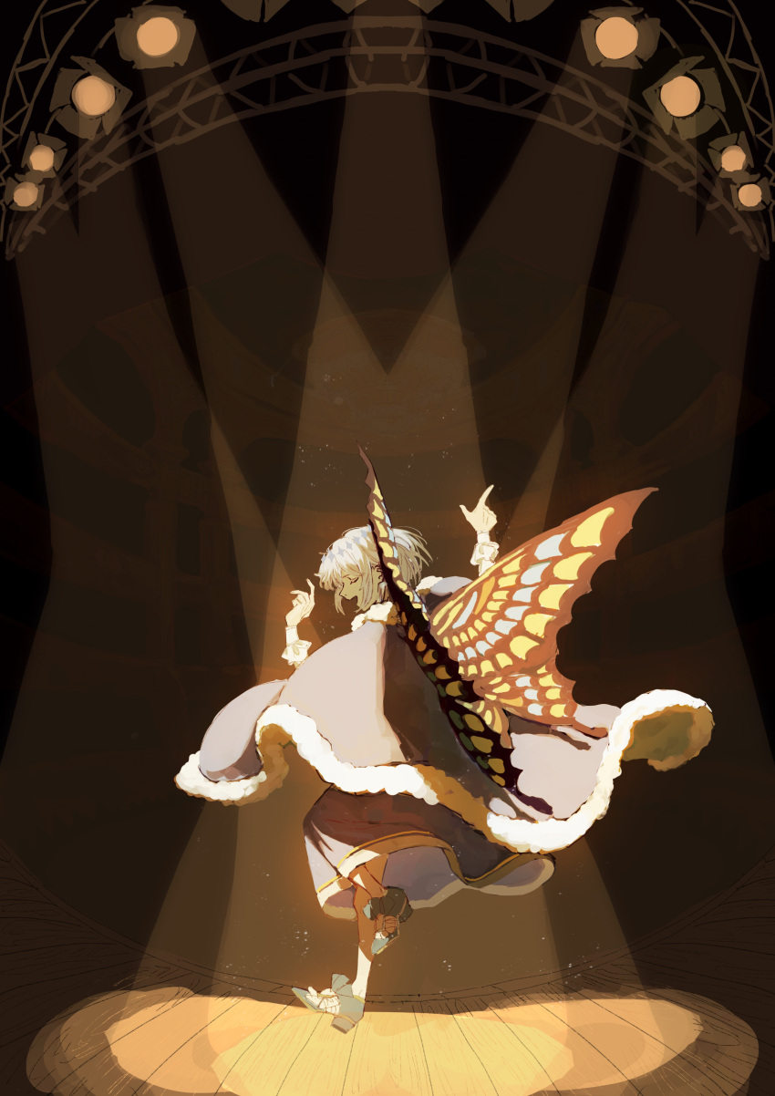 1boy absurdres butterfly_wings cloak closed_eyes dancing dress_shirt fate/grand_order fate_(series) frilled_sleeves frills fur_trim furirikkuru hands_up highres medium_hair midair oberon_(fate) open_mouth shirt solo stage stage_lights white_hair wings