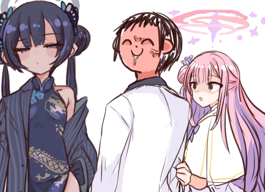 1boy 2girls ^_^ arona's_sensei_doodle_(blue_archive) bangs black_hair blue_archive blush breasts butterfly_hair_ornament china_dress chinese_clothes closed_eyes clothes_grab coat distracted_boyfriend_(meme) double_bun dress hair_bun hair_ornament halo highres jacket kisaki_(blue_archive) long_hair long_sleeves meme mika_(blue_archive) multiple_girls off_shoulder open_clothes open_coat pink_hair ro_(aahnn) saliva sensei_(blue_archive) shaded_face simple_background single_side_bun sleeve_grab small_breasts twintails veins very_long_hair white_background white_jacket