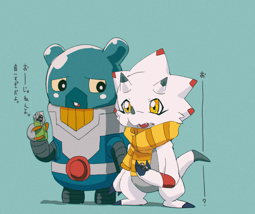 anthro bandai_namco blue_body candy chocolate claws dessert digimon digimon_(species) digimon_ghost_game duo espimon food gammamon goo_creature japanese_text jet_pack kubota_keita male scarf text white_body yellow_eyes