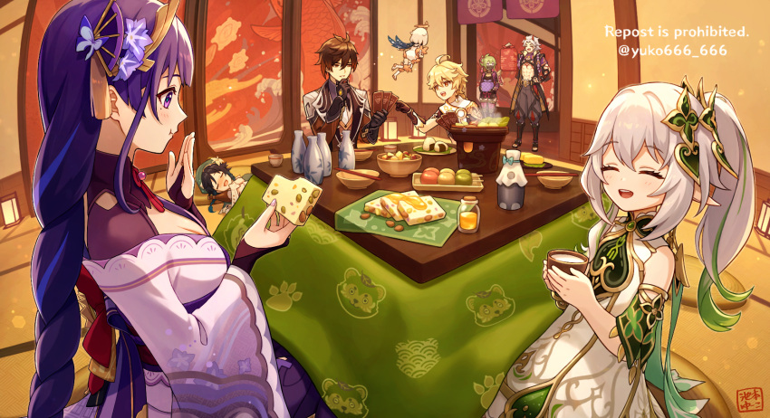 4boys 4girls aether_(genshin_impact) ahoge arataki_itto blonde_hair bottle braid breasts brown_hair card cheese closed_eyes cup dress drink eyeshadow female_child floating food genshin_impact gloves green_hair hair_between_eyes hair_ornament hand_on_own_chin highres holding holding_cup horns indoors kotatsu kuki_shinobu makeup multicolored_hair multiple_boys multiple_girls nahida_(genshin_impact) oni oni_horns orange_eyes paimon_(genshin_impact) pointy_ears purple_eyes purple_hair raiden_shogun red_eyeshadow side_ponytail swiss_cheese table teeth upper_teeth_only venti_(genshin_impact) white_dress white_hair wide_sleeves yuko666 zhongli_(genshin_impact)