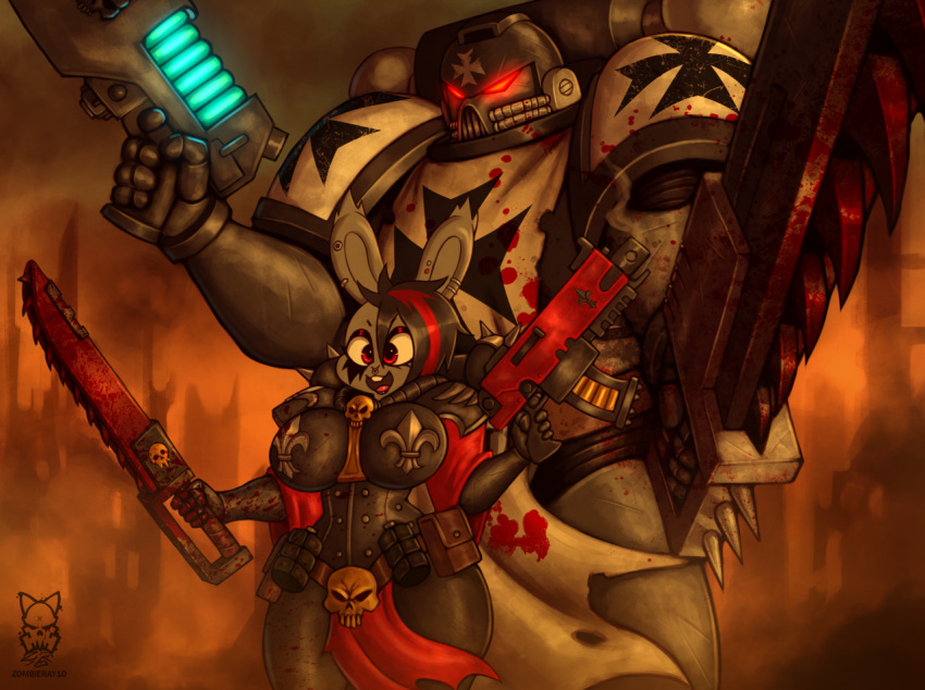 2023 adepta_sororitas adeptus_astartes anthro armor big_breasts black_hair black_templar blood blood_on_arm blood_on_armor blood_on_clothing bodily_fluids bolter bone bottomwear breasts buckteeth chainsword clothing duo energy_weapon explosives eyeshadow female fur goth grenade grey_body grey_fur gun hair happy headgear helmet holding_gun holding_object holding_sword holding_weapon human imperium_of_man jeana_(zombieray10) lagomorph larger_male leporid loincloth machine makeup male mammal melee_weapon multicolored_hair open_mouth pouches power_armor rabbit ranged_weapon red_bottomwear red_clothing red_eyeshadow red_hair red_loincloth shoulder_pads size_difference skull skull_head smaller_female smile space_marine spikes standing sword teeth two_tone_hair warhammer_(franchise) warhammer_40000 weapon zombieray10