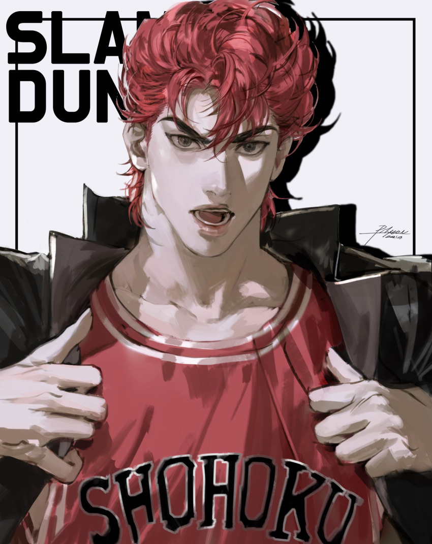 1boy bangs basketball_jersey basketball_uniform black_eyes black_jacket commentary_request copyright_name hair_between_eyes highres jacket korean_commentary looking_at_viewer male_focus open_mouth pompadour red_hair red_shirt sakuragi_hanamichi shirt short_hair slam_dunk_(series) sleeveless sleeveless_shirt solo sportswear upper_body vlfdus_0 white_background