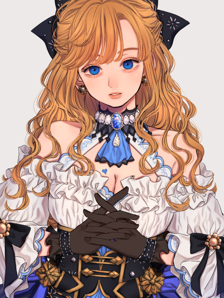 1girl absurdres bangs bare_shoulders black_bow blonde_hair blue_eyes bow breasts brown_gloves cleavage dress ear_flower earrings frilled_dress frills gem gloves hair_bow heart heart_tattoo highres idolmaster idolmaster_cinderella_girls idolmaster_cinderella_girls_starlight_stage interlocked_fingers jewelry large_breasts long_hair long_sleeves norimaki_(seidan0611) official_alternate_costume ohtsuki_yui own_hands_together parted_lips simple_background smile solo tattoo teeth upper_body white_background