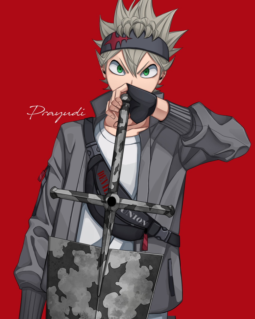 1boy ahoge asta_(black_clover) bangs black_clover black_gloves black_headband covered_mouth fanny_pack fingerless_gloves gloves green_eyes grey_hair grey_jacket hair_between_eyes headband highres holding holding_sword holding_weapon jacket long_bangs looking_at_viewer male_focus prayudi555 red_background shirt signature solo spiked_hair sword weapon white_shirt