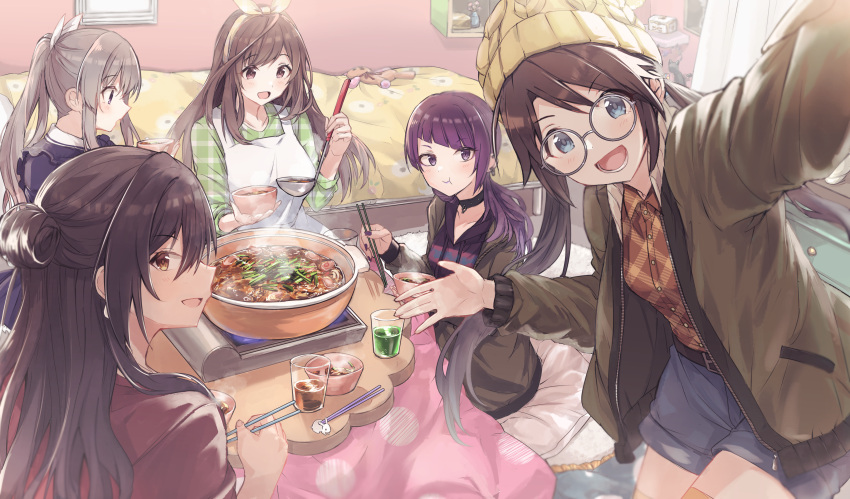 5girls absurdres apron beanie bed eating hanetsuka hat highres idolmaster idolmaster_shiny_colors indoors kotatsu l'antica_(idolmaster) looking_at_viewer mitsumine_yuika multiple_girls nabe on_floor selfie shirase_sakuya sitting smile steam table tanaka_mamimi tsukioka_kogane white_apron yukoku_kiriko