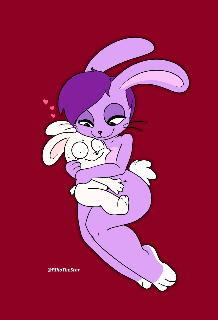 &lt;3 absurd_res animal_humanoid anthro bodily_fluids breast_squish breasts bunny_enid cartoon_network cuddling duo embrace enid_(ok_k.o.!_lbh) face_on_breast female female/female fur hair hi_res hug humanoid lagomorph lagomorph_humanoid leporid leporid_humanoid long_ears mammal mammal_humanoid ok_k.o.!_let's_be_heroes pillothestar potato_(ok_k.o.!_lbh) purple_body purple_fur purple_hair rabbit rabbit_humanoid red_background scut_tail short_tail simple_background size_difference smile squish sweat tail thick_thighs white_body white_fur wide_hips