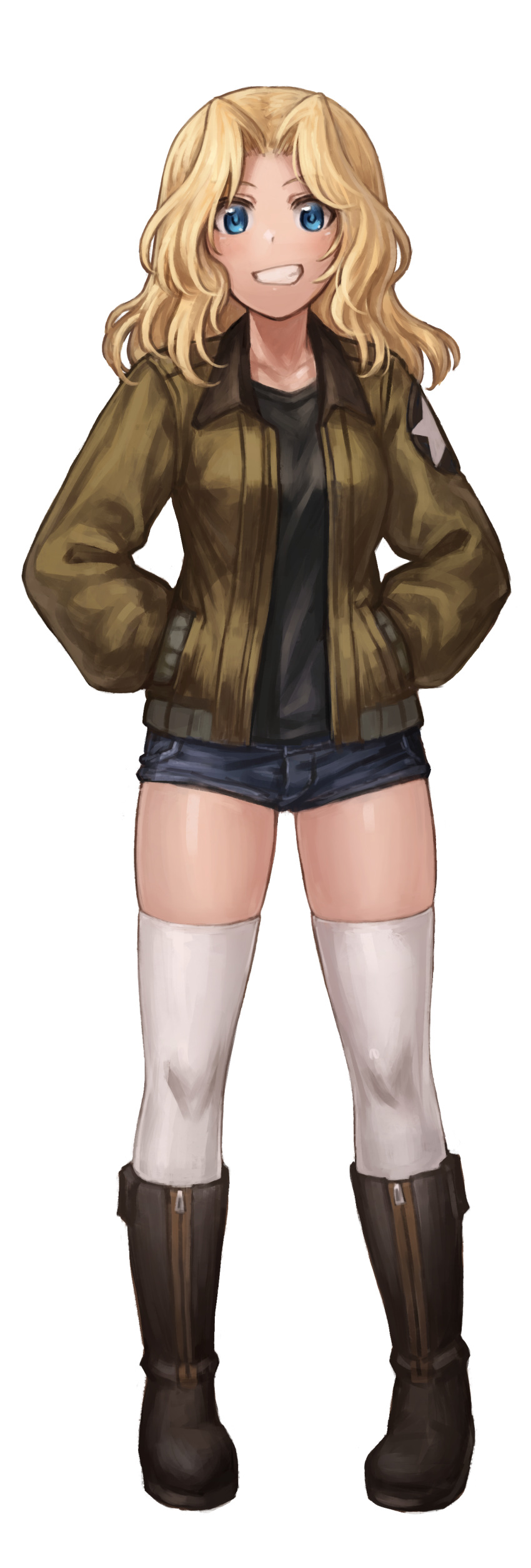 1girl :d absurdres black_shirt blonde_hair blue_eyes blue_shorts bomber_jacket boots brown_jacket denim denim_shorts emblem full_body girls_und_panzer grin hair_intakes hands_in_pockets highres jacket kay_(girls_und_panzer) long_hair long_sleeves looking_at_viewer military military_uniform open_clothes open_jacket open_mouth oyu_udon saunders_military_uniform shirt short_shorts shorts simple_background skindentation smile solo standing star_(symbol) star_print thighhighs thighs uniform white_background white_thighhighs zipper