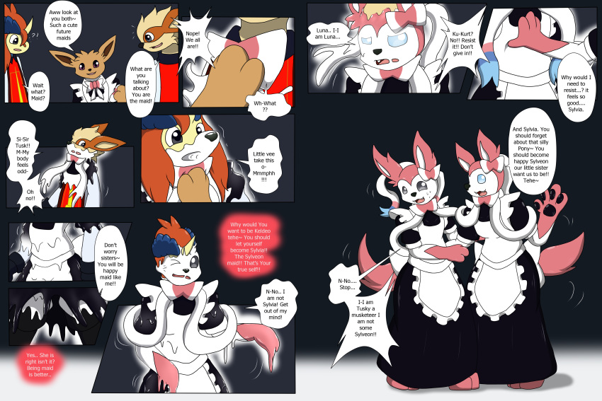 absurd_res anthro arcanine avianine blue_eyes brainwashing brown_body brown_eyes brown_fur clothed clothing colored comic dialogue dress eevee eeveelution female fur gender_transformation generation_1_pokemon generation_5_pokemon generation_6_pokemon goo_transformation grey_eyes group hair hi_res keldeo legendary_pokemon maid_uniform male mtf_transformation nintendo orange_body orange_fur orange_hair pink_body pink_eyes pink_fur pokemon pokemon_(species) simple_background sylveon tail tan_body tan_hair transformation trio uniform white_body white_fur