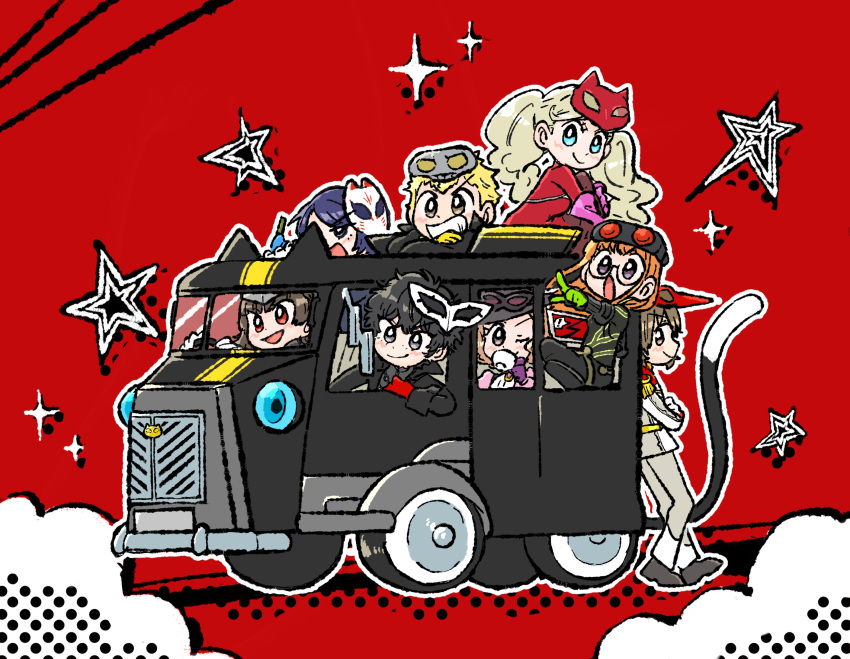 4boys 4girls akechi_gorou amamiya_ren black_hair blonde_hair blue_eyes blue_hair brown_eyes brown_hair cat_tail cup drinking driving glasses gloves green_gloves grin head-mounted_display highres kitagawa_yuusuke long_hair mask mask_on_head morgana_(persona_5) multiple_boys multiple_girls niijima_makoto okumura_haru open_mouth orange_hair persona persona_5 pink_gloves red_background red_eyes red_gloves sakamoto_ryuuji sakura_futaba short_hair smile star_(symbol) tail takamaki_anne teacup twintails undersyaro white_gloves yellow_gloves