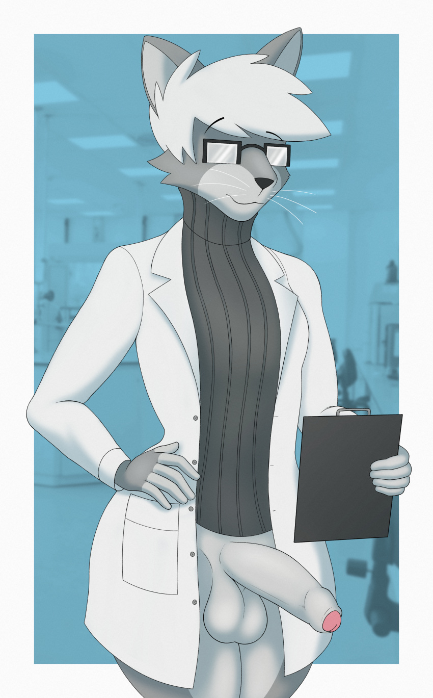 absurd_res anthro balls clothing coat eyebrows eyewear felid feline genitals glasses hair hand_on_hip hi_res lab_coat laboratory male mammal penis raki_boi solo sweater topwear turtleneck whiskers white_hair