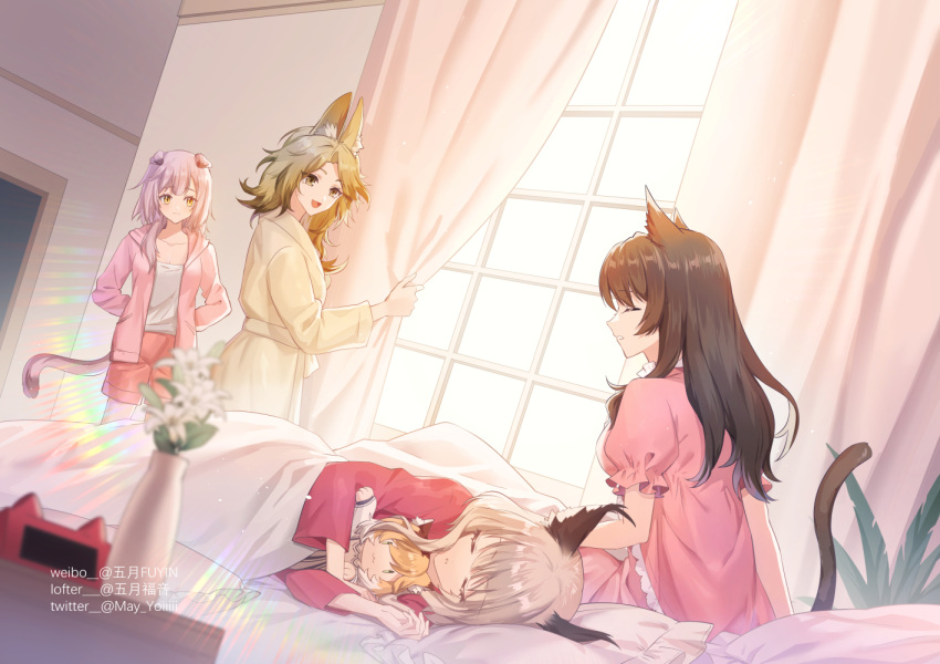 4girls :d animal_ear_fluff animal_ears arknights arms_behind_back bed black_hair blanket blonde_hair brown_hair cat_ears cat_tail character_doll chinese_commentary closed_eyes collarbone commentary curtains cushion gogatsu_fukuin goldenglow_(arknights) grey_hair haze_(arknights) indoors jacket lofter_username long_hair long_sleeves medium_hair mousse_(arknights) multiple_girls nightgown open_clothes open_jacket open_mouth parted_lips pink_hair pink_jacket pink_nightgown profile puffy_short_sleeves puffy_sleeves quercus_(arknights) red_nightgown red_shorts robe shirt short_sleeves shorts skyfire_(arknights) sleeping smile tail twitter_username weibo_username white_shirt window yellow_eyes yellow_robe