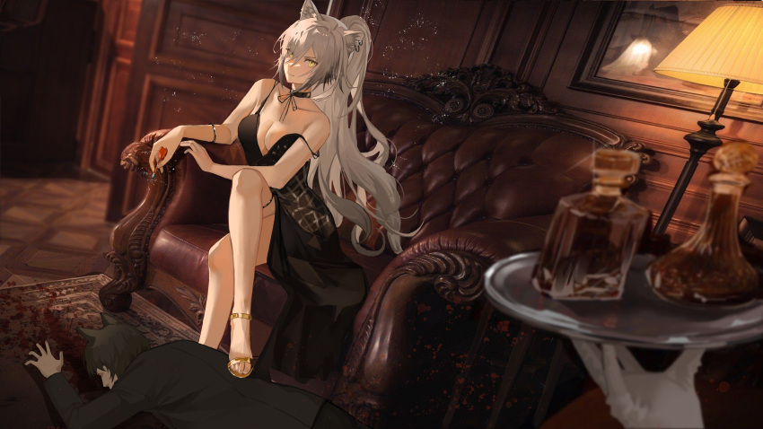 1boy 1girl 1other absurdres animal_ear_fluff animal_ears arknights armchair bare_legs bare_shoulders black_choker black_dress black_hair black_ribbon black_shirt blood blush bottle breasts carpet cat_ears chair chinese_commentary choker cleavage closed_mouth collarbone commentary_request corpse crossed_legs dart dress earrings gloves grey_hair hair_between_eyes highres holding holding_dart holding_tray indoors jewelry jidian967 lampshade large_breasts long_hair looking_at_viewer neck_ribbon painting_(object) ponytail pov ribbon sandals schwarz_(arknights) shirt short_hair smile toenails tray very_long_hair white_gloves yellow_eyes yellow_footwear