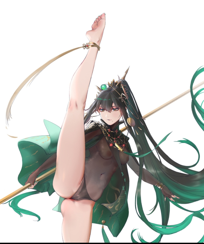 1girl agaver123 anklet black_hair black_panties bracelet breasts brown_eyes chinese_clothes cloak green_cloak grey_hair hair_ornament highres holding holding_polearm holding_weapon jewelry long_hair medium_breasts multicolored_hair nipples panties polearm punishing:_gray_raven qu_(punishing:_gray_raven) see-through simple_background solo split standing standing_on_one_leg standing_split underwear very_long_hair weapon white_background