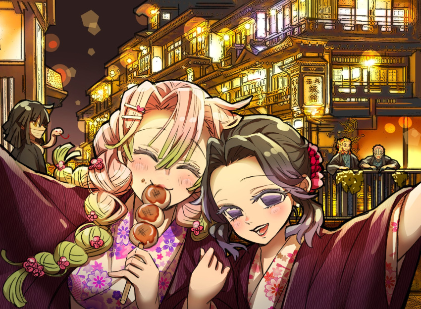 2girls 3boys :3 akaza_(kimetsu_no_yaiba) animal animal_around_neck architecture bandaged_head bandages bangs black_hair blonde_hair braid butterfly_hair_ornament coat colored_tips covered_mouth dango east_asian_architecture eating facing_viewer floral_print flower food food_on_face forked_eyebrows green_hair hair_flower hair_ornament hand_up happy heads_together highres holding holding_food iguro_obanai japanese_clothes kaburamaru kanroji_mitsuri khcxtbvmeo9bpbm kimetsu_no_yaiba kimono kochou_shinobu lantern leaning_forward leaning_on_rail long_hair long_sleeves looking_at_viewer medium_hair mole mole_under_eye multicolored_hair multiple_boys multiple_girls night outdoors outstretched_arm paper_lantern pink_hair portrait profile purple_eyes purple_hair railing reaching_towards_viewer red_hair rengoku_kyoujurou selfie short_hair side-by-side sidelocks sky_lantern smile snake standing streaked_hair tri_braids tri_tails two-tone_hair updo wagashi white_snake yellow_eyes