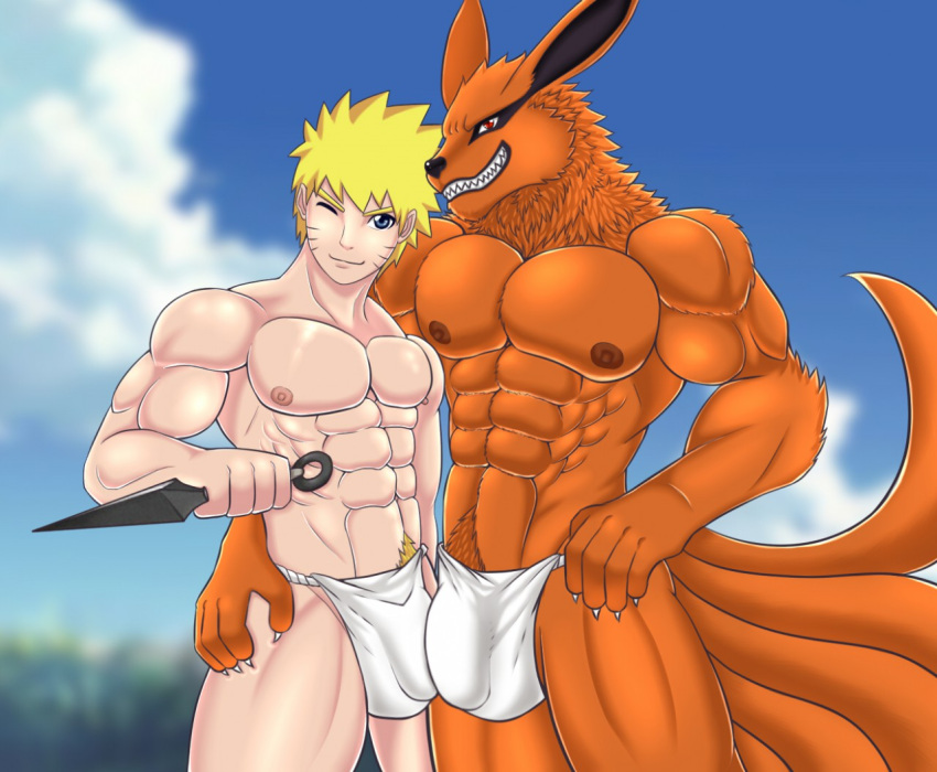 abs anthro arm_around_partner arm_around_waist asian_clothing biceps big_bulge blonde_hair blue_eyes bottomwear bulge bulge_frottage canid canine clothing duo east_asian_clothing fox fundoshi fur hair human human_on_anthro interspecies japanese_clothing kunai kurama larger_anthro larger_male loincloth looking_at_viewer male male/male mammal muscular muscular_anthro muscular_human muscular_male naruto naruto_uzumaki one_eye_closed orange_body orange_fur pecs red_eyes size_difference smaller_human smaller_male underwear weapon white-snow-wolf wink