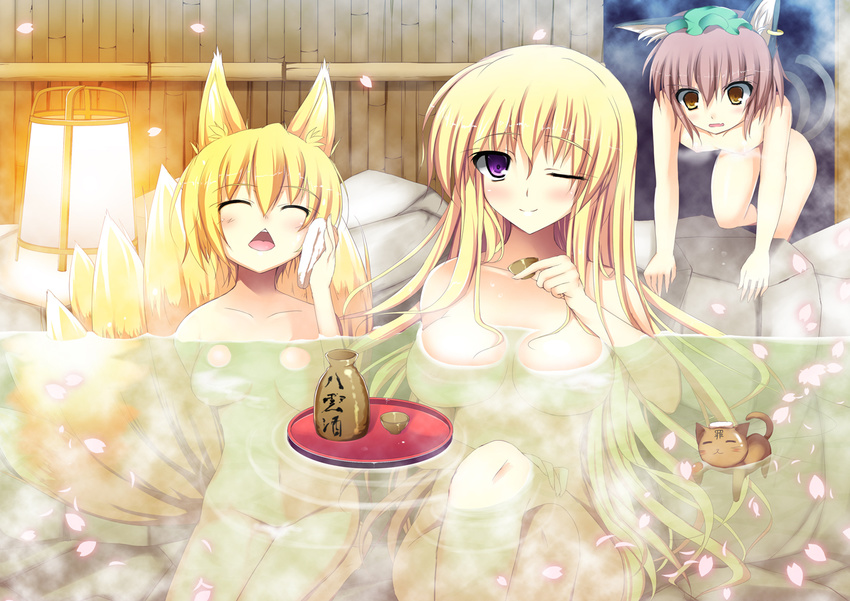 :&lt; alcohol all_fours animal_ears bad_id bad_pixiv_id banned_artist blonde_hair breasts brown_eyes brown_hair cat cat_ears cat_tail chen closed_eyes earrings fox_ears fox_tail hat jewelry large_breasts long_hair multiple_girls multiple_tails nude one_eye_closed onsen petals purple_eyes sake shikano_sumiaki short_hair tail touhou yakumo_ran yakumo_yukari