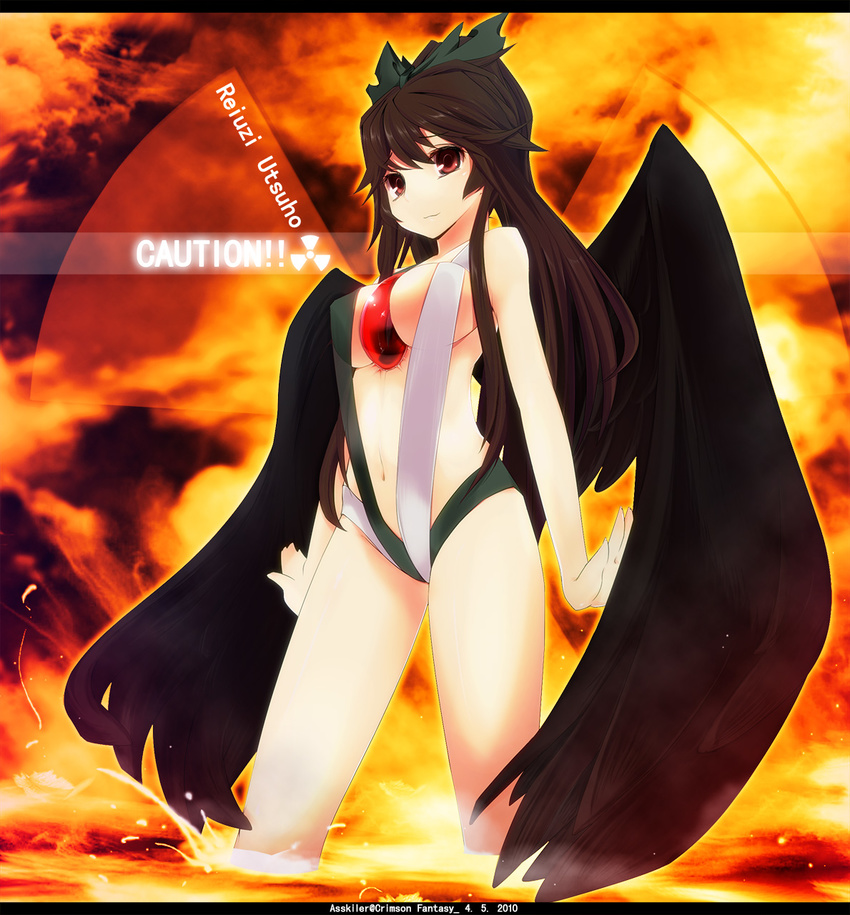 asskiler black_wings bow brown_hair caution eyes hair_bow highres long_hair radiation_symbol red_eyes reiuji_utsuho slingshot_swimsuit solo swimsuit touhou wings