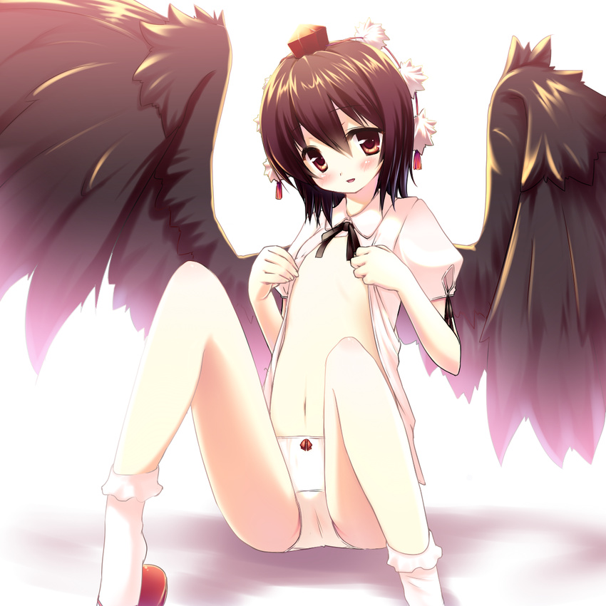 bad_proportions black_hair black_wings blush bow bow_panties flat_chest hat highres looking_at_viewer navel open_clothes open_shirt panties red_eyes shameimaru_aya shirt short_hair sitting socks solo tokin_hat touhou underwear usume_shirou white_panties wings