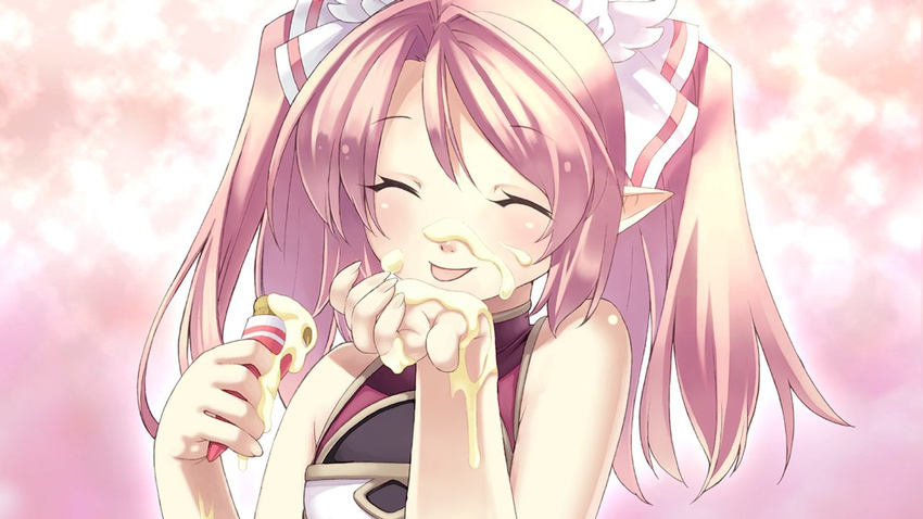 :p ^_^ agarest_senki agarest_senki_(series) blush close-up closed_eyes elf ellis_(agarest_senki) fingernails food hair_ribbon hands happy hirano_katsuyuki ice_cream long_fingernails long_hair messy official_art pink_hair pointy_ears ribbon sexually_suggestive solo suggestive_fluid tongue tongue_out turtleneck twintails