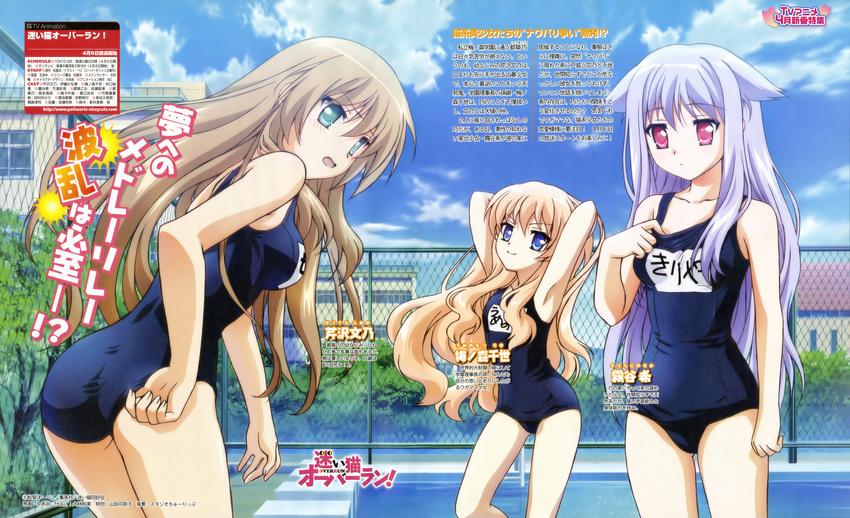 3girls absurdres brown_hair highres long_hair mayoi_neko_overrun! multiple_girls scan serizawa_fumino swimsuit