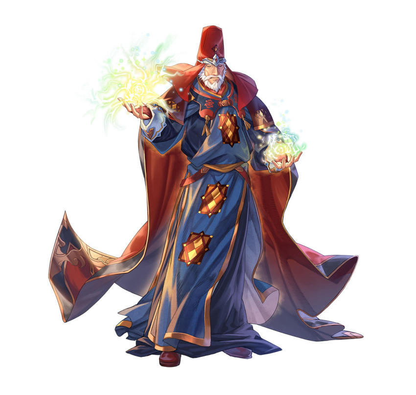 1boy beard bridal_gauntlets cape closed_eyes facial_hair fire_emblem fire_emblem:_mystery_of_the_emblem fire_emblem_heroes gotoh_(fire_emblem) lightning magic official_art red_cape red_headwear solo white_hair