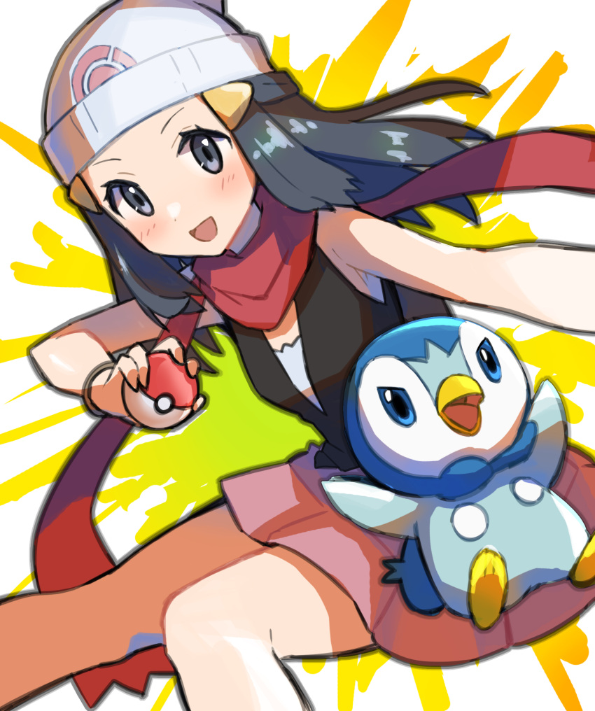 1girl :d bare_arms beanie black_hair black_shirt blush bracelet commentary_request dawn_(pokemon) eyelashes floating_scarf grey_eyes hair_ornament hairclip hat highres holding holding_poke_ball jewelry long_hair open_mouth peppedayo_ne pink_skirt piplup poke_ball poke_ball_(basic) poke_ball_print pokemon pokemon_(creature) pokemon_(game) pokemon_dppt red_scarf scarf shirt skirt sleeveless sleeveless_shirt smile white_headwear