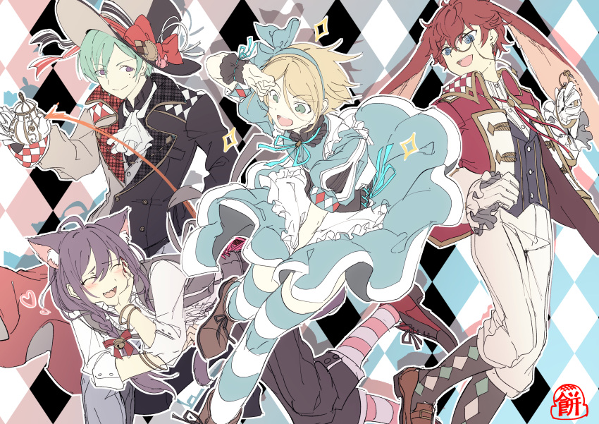 4boys absurdres alice_(alice_in_wonderland) alice_(alice_in_wonderland)_(cosplay) alice_in_wonderland amagi_hiiro animal_ears ayase_mayoi bishounen blonde_hair blue_dress blue_eyes blue_hair blush braid cat_boy cheshire_cat_(alice_in_wonderland) cheshire_cat_(alice_in_wonderland)_(cosplay) closed_eyes cosplay crossdressing dress ensemble_stars! highres kazehaya_tatsumi long_hair mad_hatter_(alice_in_wonderland) mad_hatter_(alice_in_wonderland)_(cosplay) moiimo_q mole mole_under_eye multiple_boys purple_eyes purple_hair rabbit_boy rabbit_ears red_hair shiratori_aira_(ensemble_stars!) short_hair white_rabbit_(alice_in_wonderland) white_rabbit_(alice_in_wonderland)_(cosplay)