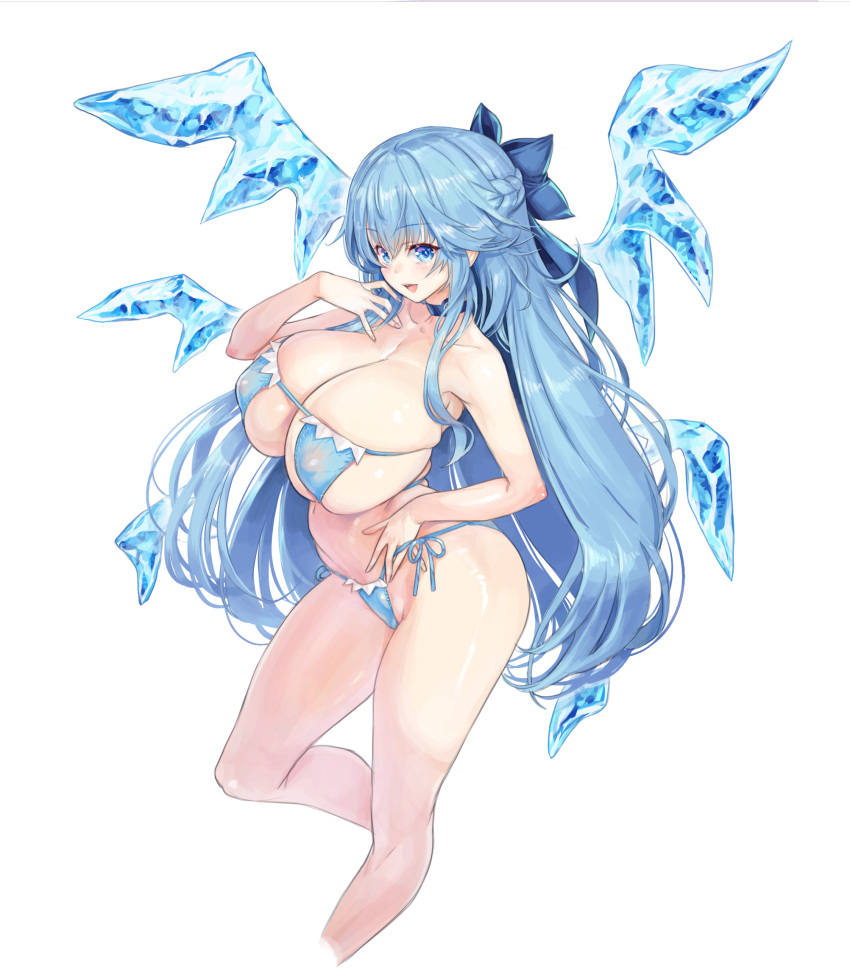 1girl aged_up bangs bare_shoulders bikini blue_bikini blue_bow blue_choker blue_eyes blue_hair bow braid breasts choker cirno cirno-nee cleavage collarbone covered_nipples detached_wings foot_out_of_frame from_side hair_bow hand_up highres huge_breasts ice ice_wings kiyama_satoshi legs long_hair looking_at_viewer micro_bikini open_mouth see-through side-tie_bikini_bottom simple_background skindentation smile solo strap_pull swimsuit touhou very_long_hair white_background wings