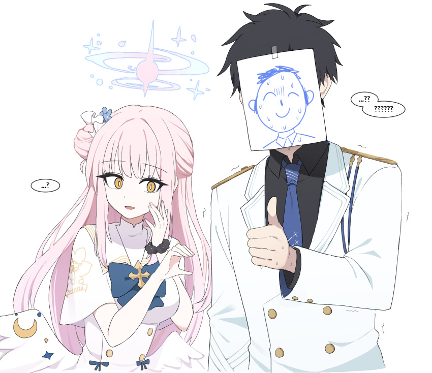 ... 1boy 1girl ? angel_wings arona's_sensei_doodle_(blue_archive) black_hair black_shirt blue_archive blue_necktie blue_ribbon bright_pupils buttons capelet collared_shirt commentary double-breasted dress empty_eyes feathered_wings feathers formal halo heart_hands_failure height_difference highres lix_(iroiro3843) long_hair mika_(blue_archive) neck_ribbon necktie open_mouth paper_on_head pink_hair ribbon scrunchie sensei_(blue_archive) shirt short_hair simple_background smile speech_bubble spoken_ellipsis spoken_question_mark suit sweat sweating_profusely thumbs_up trembling upper_body very_long_hair white_background white_capelet white_dress white_feathers white_suit wings wrist_scrunchie yandere yellow_eyes