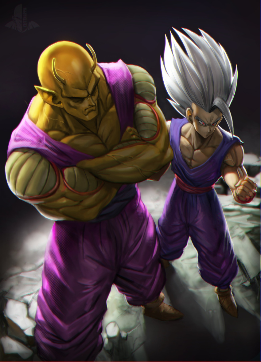 2boys absurdres antennae big_hair colored_skin crossed_arms dougi dragon_ball dragon_ball_super dragon_ball_super_super_hero elite_nappa gohan_beast grey_hair highres male_focus multiple_boys muscular muscular_male orange_piccolo orange_skin piccolo pointy_ears red_eyes red_sash sash serious son_gohan spiked_hair standing