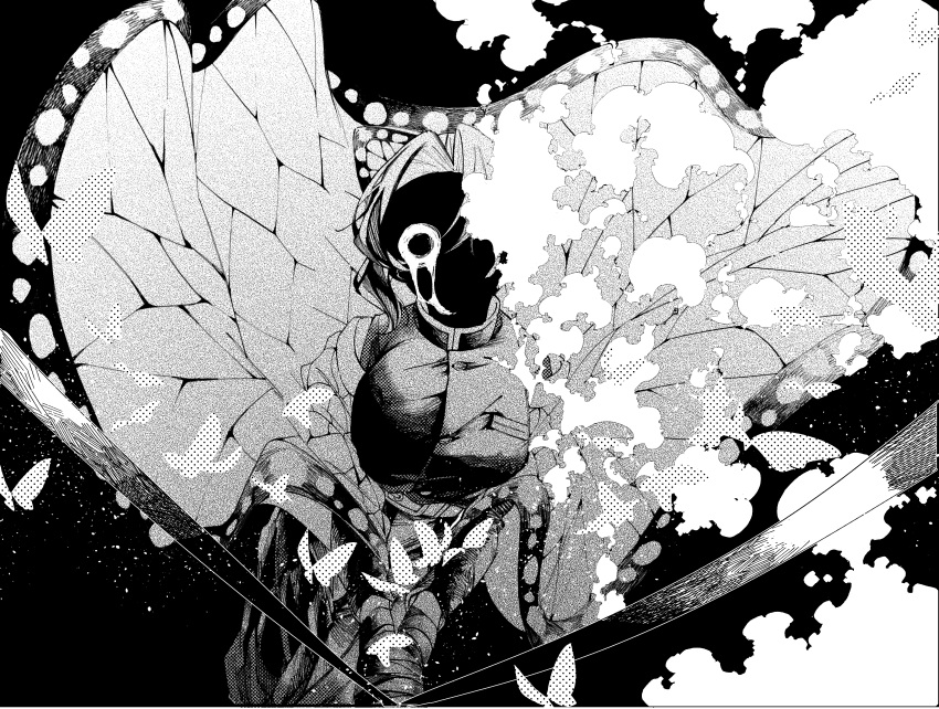 1girl absurdres addrop angry belt bound bound_wrists breasts bug butterfly butterfly_hair_ornament cowboy_shot crying crying_with_eyes_open demon_slayer_uniform floating_clothes greyscale hair_ornament haori highres japanese_clothes kimetsu_no_yaiba kochou_shinobu large_breasts liquid long_sleeves looking_at_viewer monochrome one_eye_covered pants poison simple_background solo tears updo v_arms wide-eyed