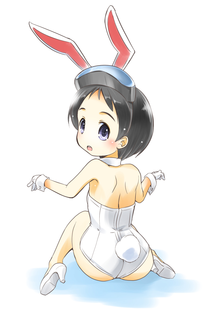 1girl animal_ears bangs black_hair brown_eyes detached_collar diving_mask diving_mask_on_head from_behind gloves goggles goggles_on_head high_heels highres kantai_collection leotard looking_at_viewer looking_back maru-yu_(kancolle) parted_bangs playboy_bunny rabbit_ears rabbit_tail short_hair simple_background sitting solo strapless strapless_leotard tail taisinkoku wariza white_background white_footwear white_gloves white_leotard wrist_cuffs