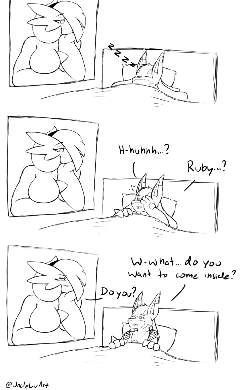 absurd_res anthro bed being_watched dialogue duo female furniture gardevoir generation_3_pokemon generation_4_pokemon hi_res humanoid humor jeffthehusky larger_female looking_at_another lucario lucas_arynn male mature_female monochrome nintendo pokemon pokemon_(species) ruby_caernarvon size_difference sleeping smaller_male smile smug text tired window