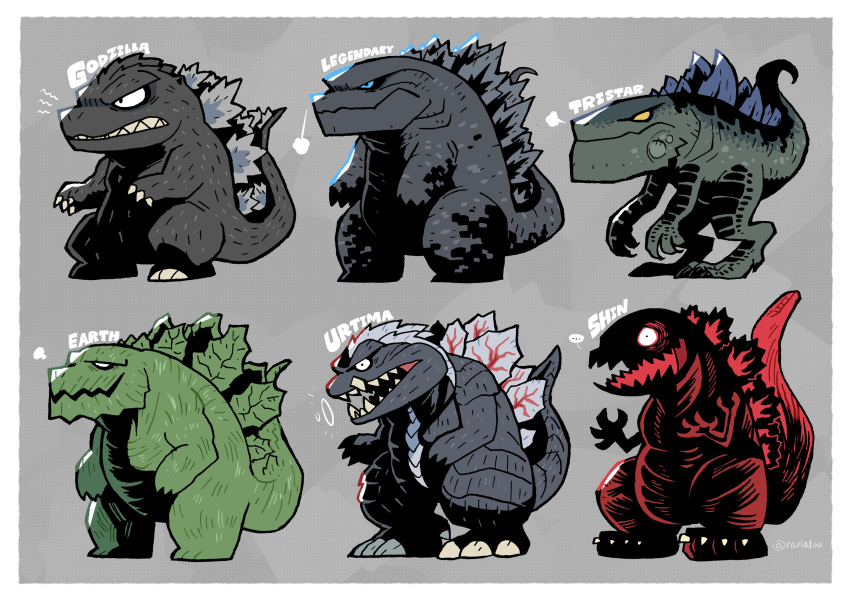 absurdres blue_sclera chibi closed_mouth colored_sclera godzilla godzilla:_planet_of_the_monsters godzilla_(2014) godzilla_(legendary) godzilla_(series) godzilla_(shin) godzilla_earth godzilla_singular_point godzilla_the_series godzilla_ultima highres iguana kaijuu monster monsterverse open_mouth rariatto_(ganguri) scales sharp_teeth shin_godzilla spikes stegosaurus teeth trait_connection underbite yellow_eyes zilla