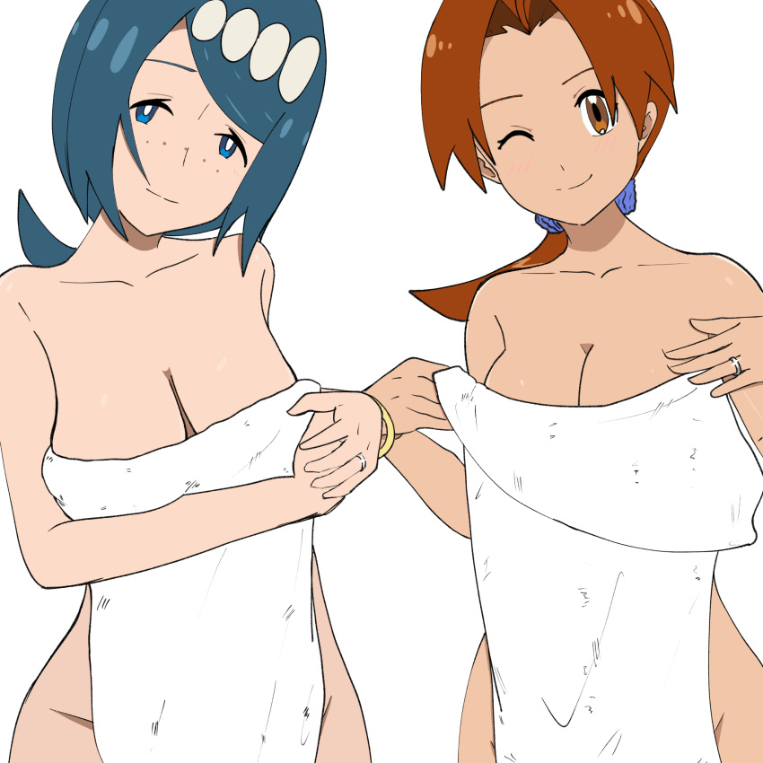 2girls ;) blue_eyes bracelet breasts bright_pupils brown_eyes brown_hair closed_mouth collarbone commentary delia_ketchum freckles glint highres jewelry lana's_mother_(pokemon) long_hair looking_at_viewer mature_female multiple_girls naked_towel no_sclera one_eye_closed pokemon pokemon_(anime) pokemon_sm_(anime) randerzero ring simple_background smile towel white_background white_pupils
