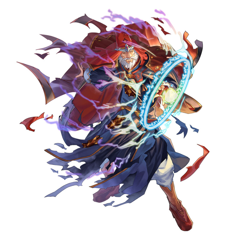 1boy beard bridal_gauntlets cape closed_eyes facial_hair fire_emblem fire_emblem:_mystery_of_the_emblem fire_emblem_heroes gotoh_(fire_emblem) magic official_art red_cape red_headwear solo torn white_hair