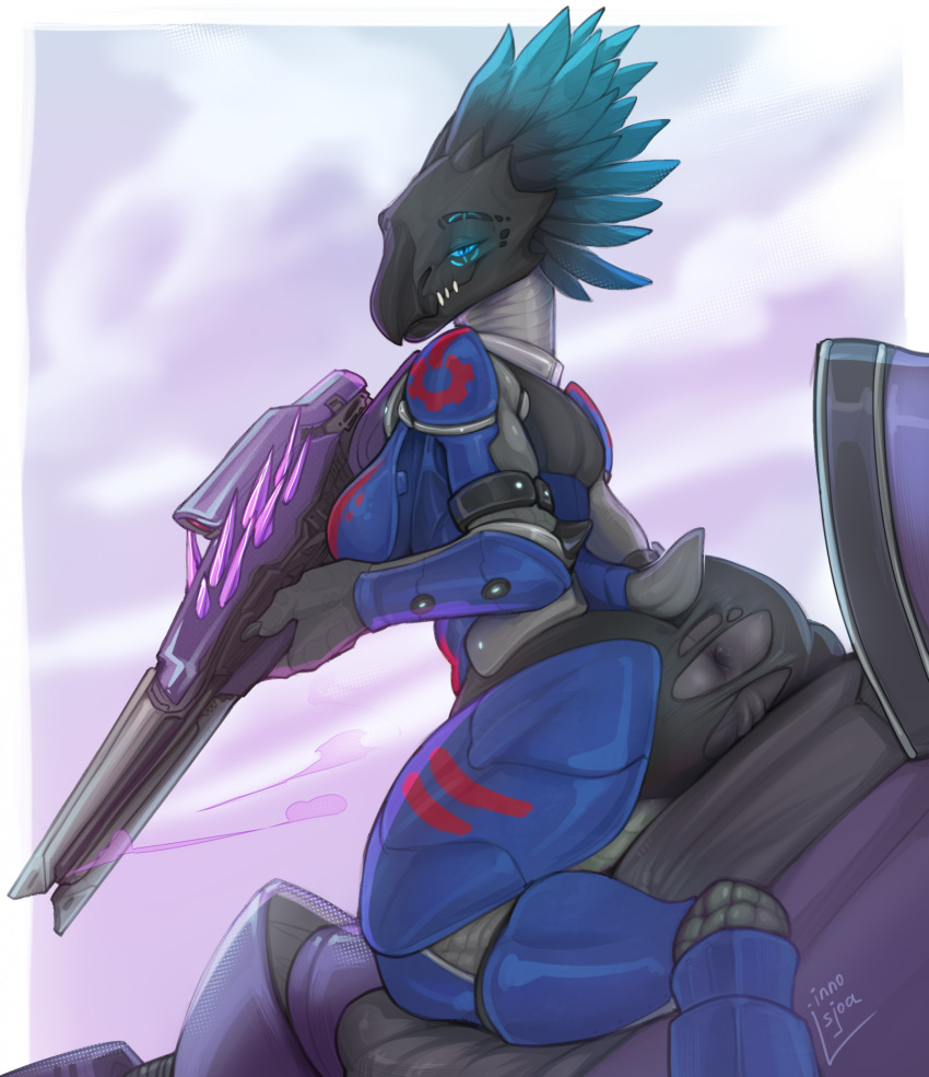 alien anthro anus armor bedroom_eyes blue_eyes body breasts butt clothed clothing female grey_body grey_skin halo_(series) hi_res holding_object holding_weapon inno-sjoa kig-yar looking_at_viewer microsoft narrowed_eyes partially_clothed pseudo_hair scalie science_fiction seductive smile solo torn_clothing weapon xbox_game_studios